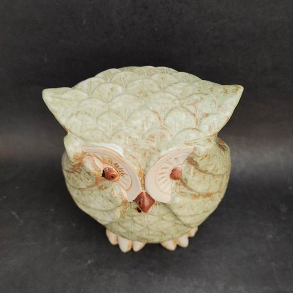 Bashful Owl Figure Ceramic Green w/ Brown Retro Whimsical Peek-A-Boo - Picture 3 of 9